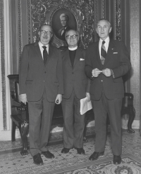Hugh Scott (R-PA), Senate Chaplain Edward Elson, and Mike Mansfield (D-MT), 1976