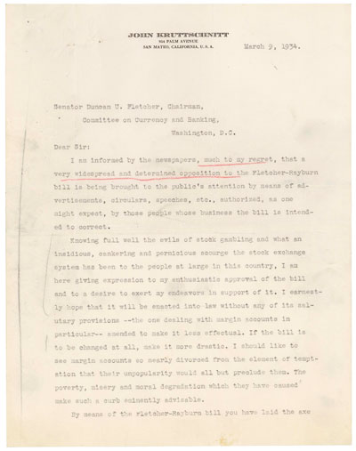 Pecora Letter from J. Kruttschnitt to Senator Fletcher. March 9, 1934