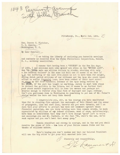 Letter from Mr. Lammert to Senator Fletcher. April 2, 1934.