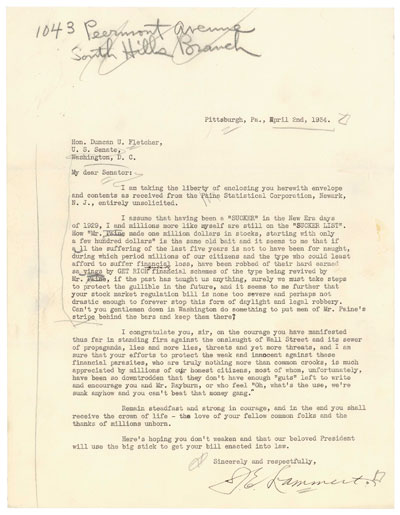 Letter from Mr. Lammert to Senator Fletcher. April 2, 1934.