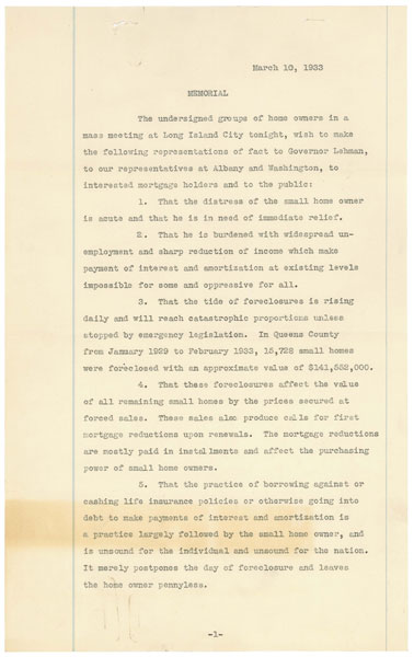 Memorial of Long Island City homeowners. March 10, 1933.