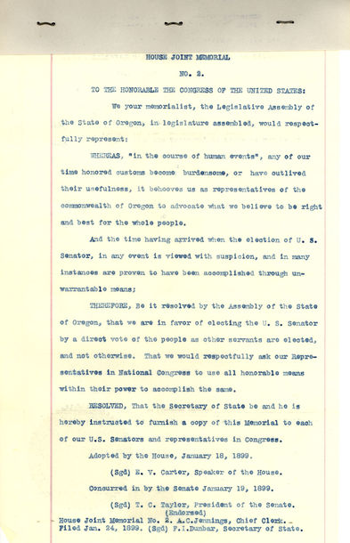 Resolutions of the Oregon State Legislature in support of direct election of senators (page 1), January 19, 1899; Petitions referred to the Committee on Privileges and Elections (SEN 55A-J29); 55th Congress, Records of the United States Senate, Record Group 46, National Archives Building, Washington, DC.