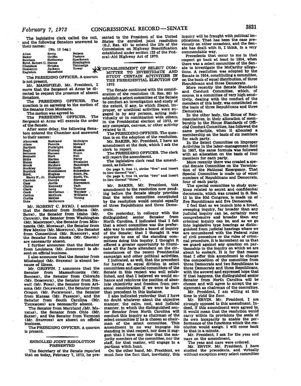Watergate Debate on Resolution to Establish a Select Committee to Investigate Certain Activities in the Presidential Election of 1972