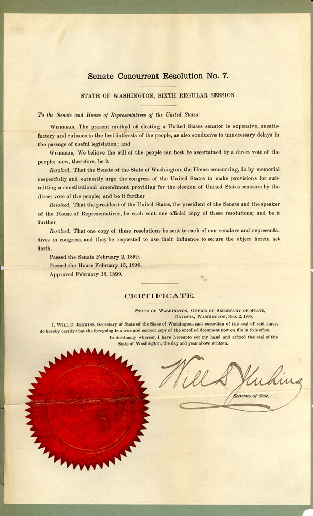 Resolutions of the Washington State Legislature in support of direct election of senators (Page 1), February 18, 1899; Petitions referred to the Committee on Privileges and Elections (SEN 56A-J33); 56th Congress, Records of the United States Senate, Record Group 46, National Archives Building, Washington, DC.
