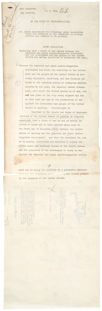 H.J.Res.169: Declaration of War with Austria-Hungary, WWI