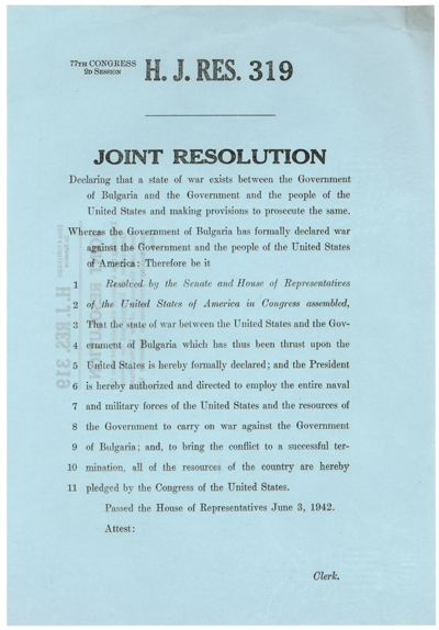 H.R.Res. 319 Declaration of War with Bulgaria, WWII