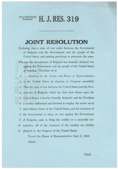 H.R.Res. 319 Declaration of War with Bulgaria, WWII