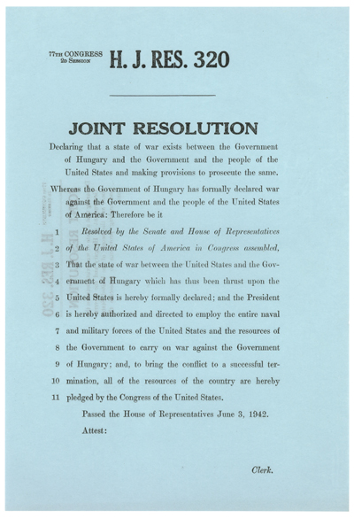 H.J.Res.320 Declaration of War with Hungary, WWII