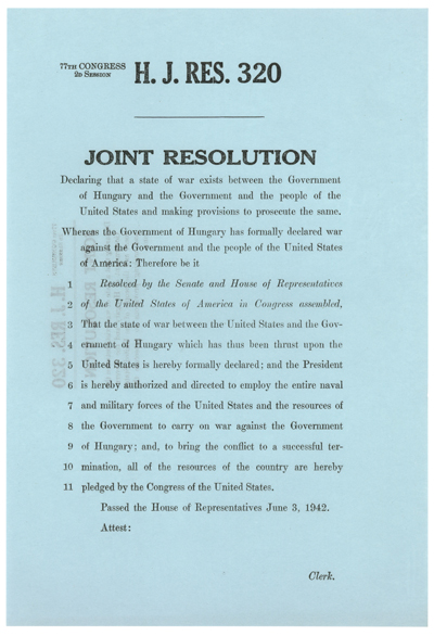 H.J.Res.320 Declaration of War with Hungary, WWII