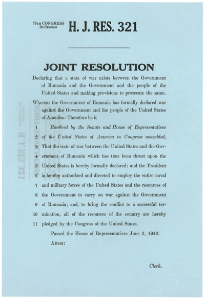 H.J.Res. 321 Declaration of War with Rumania, WWII