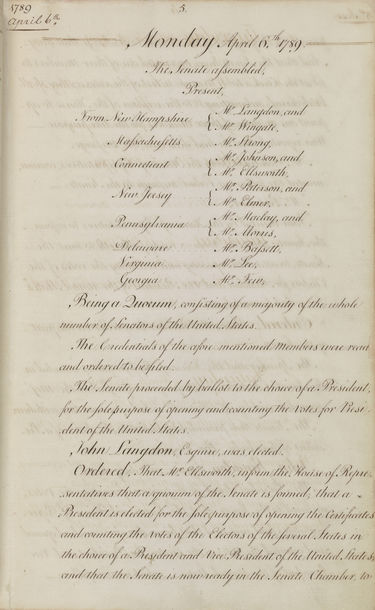 Page from the Senate Journal Noting the First Quorum, April 6, 1789