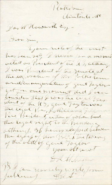 Letter Written by David Rice Atchison (D-MO), ca.1880, Addressing the Myth that he was President for One Day