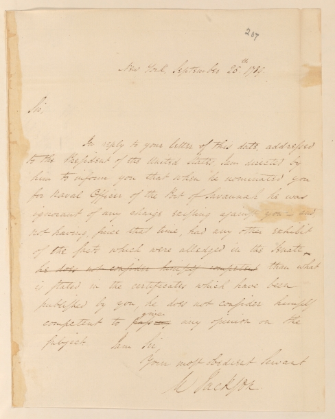 Letter from William Jackson to Benjamin Fishbourn, September 25, 1789