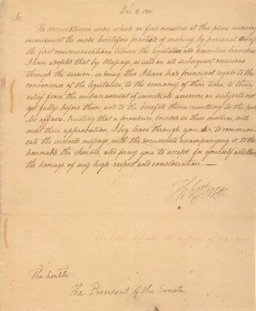 Letter from President Thomas Jefferson's to the President of the Senate Regarding the Annual Message, December 8, 1801