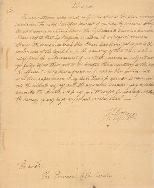 Letter from President Thomas Jefferson's to the President of the Senate Regarding the Annual Message, December 8, 1801