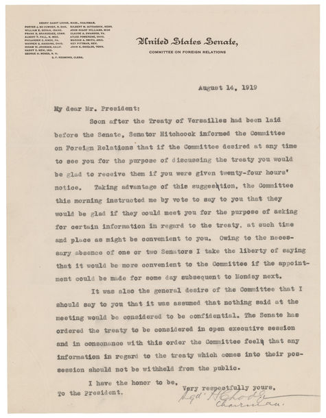 Letter from Henry Cabot Lodge (R-MA) to President Woodrow Wilson, 1919