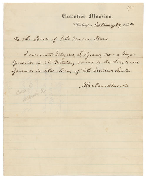 President Abraham Lincoln's Nomination of Ulysses S. Grant to be Lieutenant General of the U.S. Army, 1864