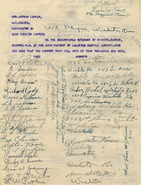 Petition Signed by War Veterans of Wichita, Kansas, 1932