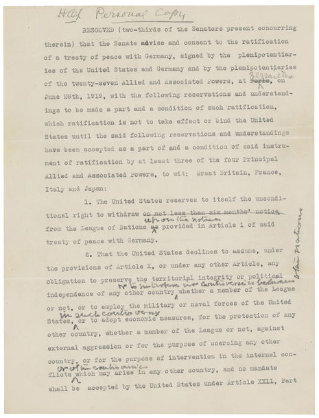 Senator Henry Cabot Lodge's Personal Copy of Reservations Regarding the Treaty of Versailles, 1919