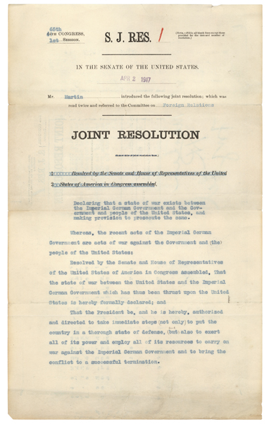 S.J.Res. 1: Declaration of War With Germany, WWI