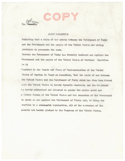S.J.Res. 120: Declaration of War with Italy, WWII