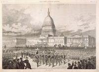 The Inauguration. / washington, d. c.—the grand procession wheeling into the grounds of the capitol and marching past the president and cabinet—the west point cadets passing the portico. (Acc. No. 38.00104.001)