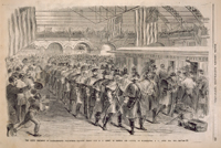 The Sixth Regiment of Massachusetts Volunteers Leaving Jersey City R. R. Depot, to Defend the Capitol, at Washington, D C. [sic],  April 18th, 1861. (Acc. No. 38.00258.001)