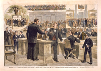 Washington. D. C. &mdash; Resignation der new-yorker Bundes-Senatoren R. Conkling und T. C. Platt am 16. Mei 1881. &mdash; Vizepr&auml;sident Arthur legt die Briefe derselben dem Senate vor. &mdash; Aufregung in Washington. (Acc. No. 38.00970.001)