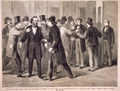 Scene in the Senate Lobby, During the Impeachment Excitement, May 11th, 1868.—Press Reporters Importuning a Senator for News