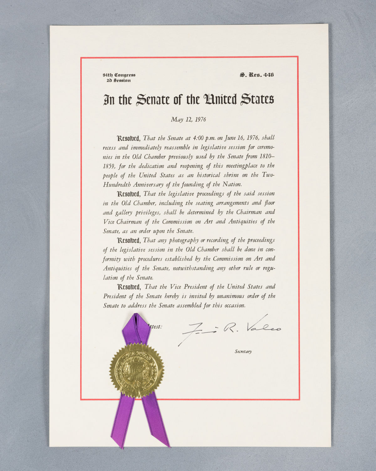 Resolution Calling Senate to Old Senate Chamber (Acc. No. 11.00022.001)