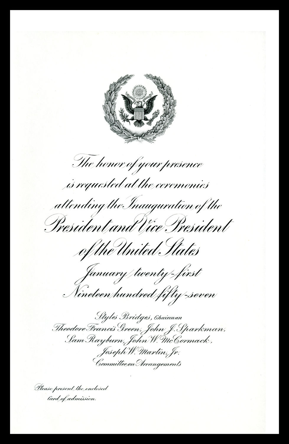 Invitation, 1957 Inaugural Ceremonies (Acc. No. 11.00037.001a)