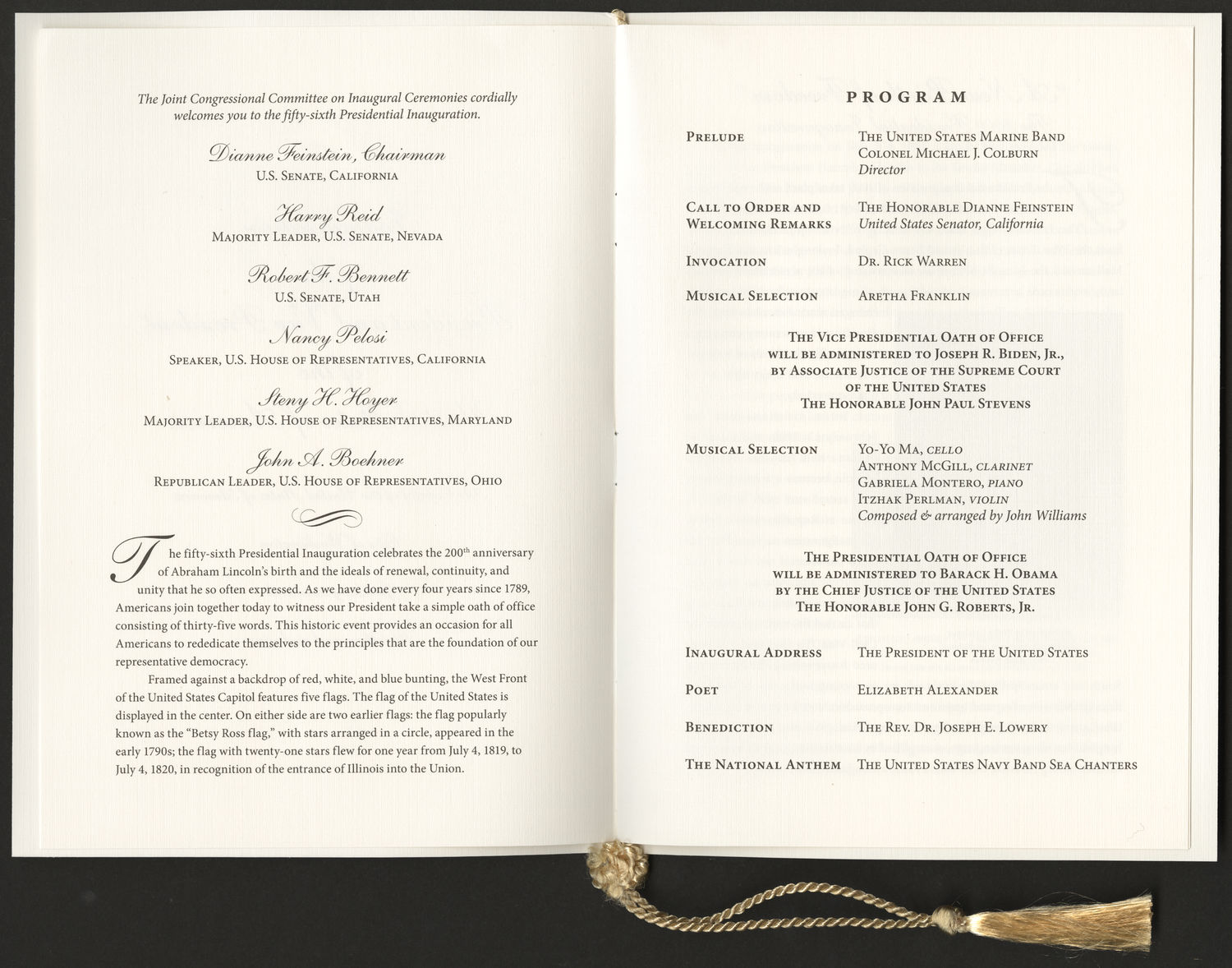 Program, 2009 Inaugural Ceremonies (Acc. No. 11.00102.001d)
