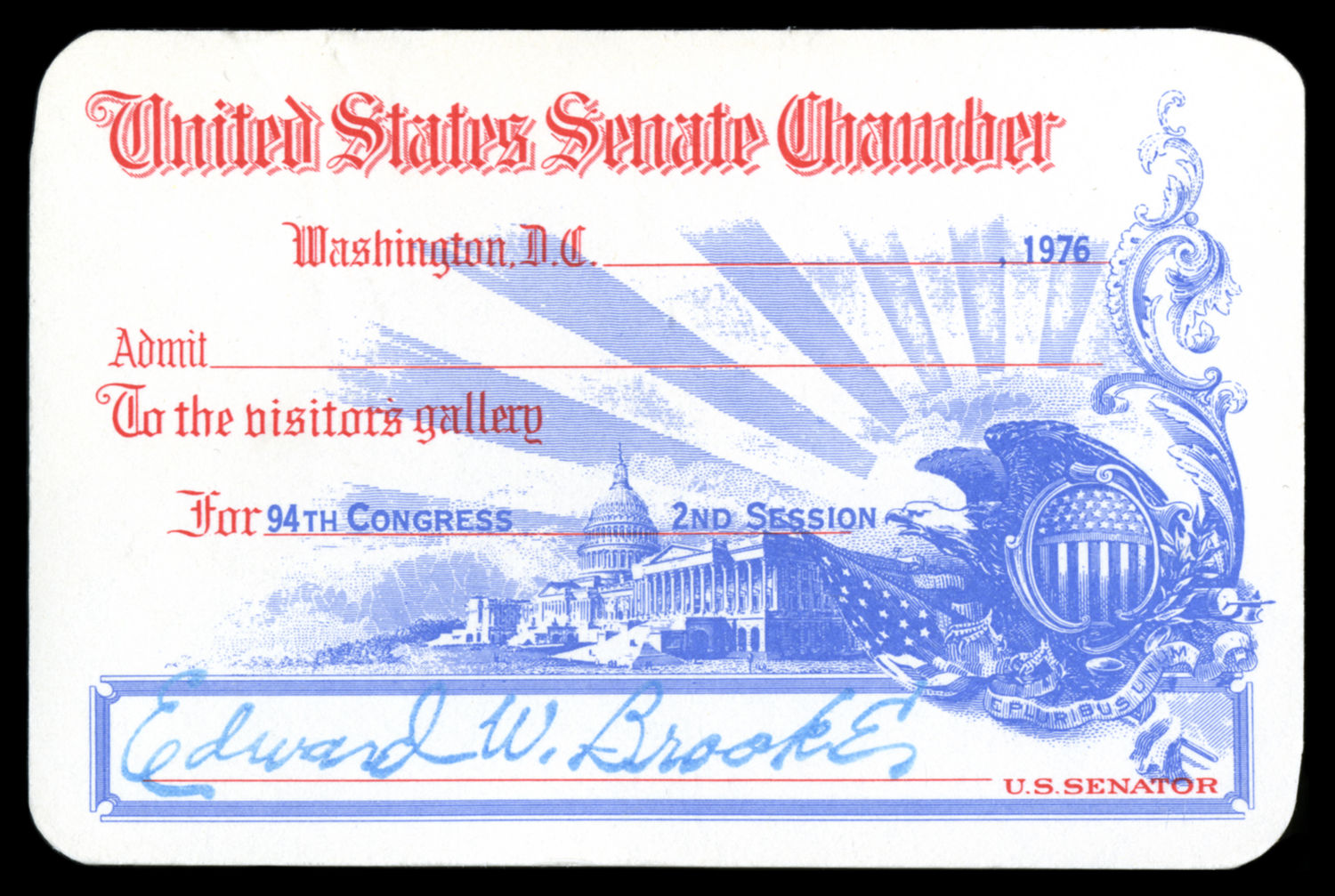 Gallery Pass, Visitor's Gallery, United States Senate Chamber, 94th Congress (Acc. No. 11.00109.002)