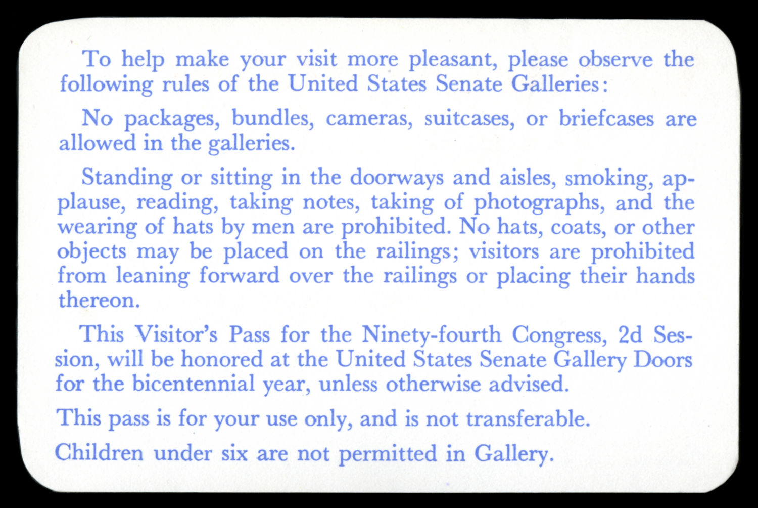 Gallery Pass, Visitor's Gallery, United States Senate Chamber, 94th Congress (Acc. No. 11.00109.002)