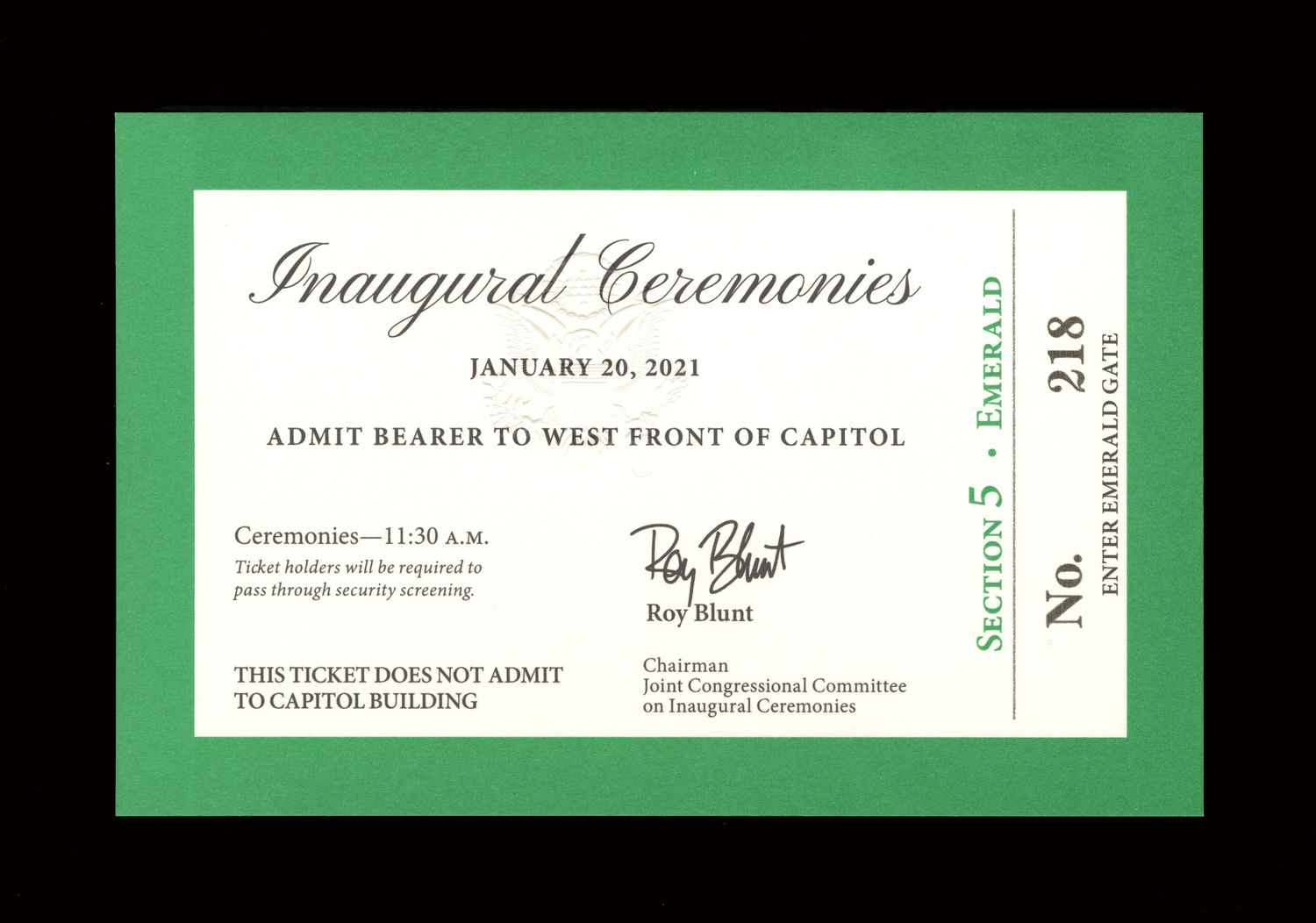Ticket, 2021 Inaugural Ceremonies (Acc. No. 11.00133.013)