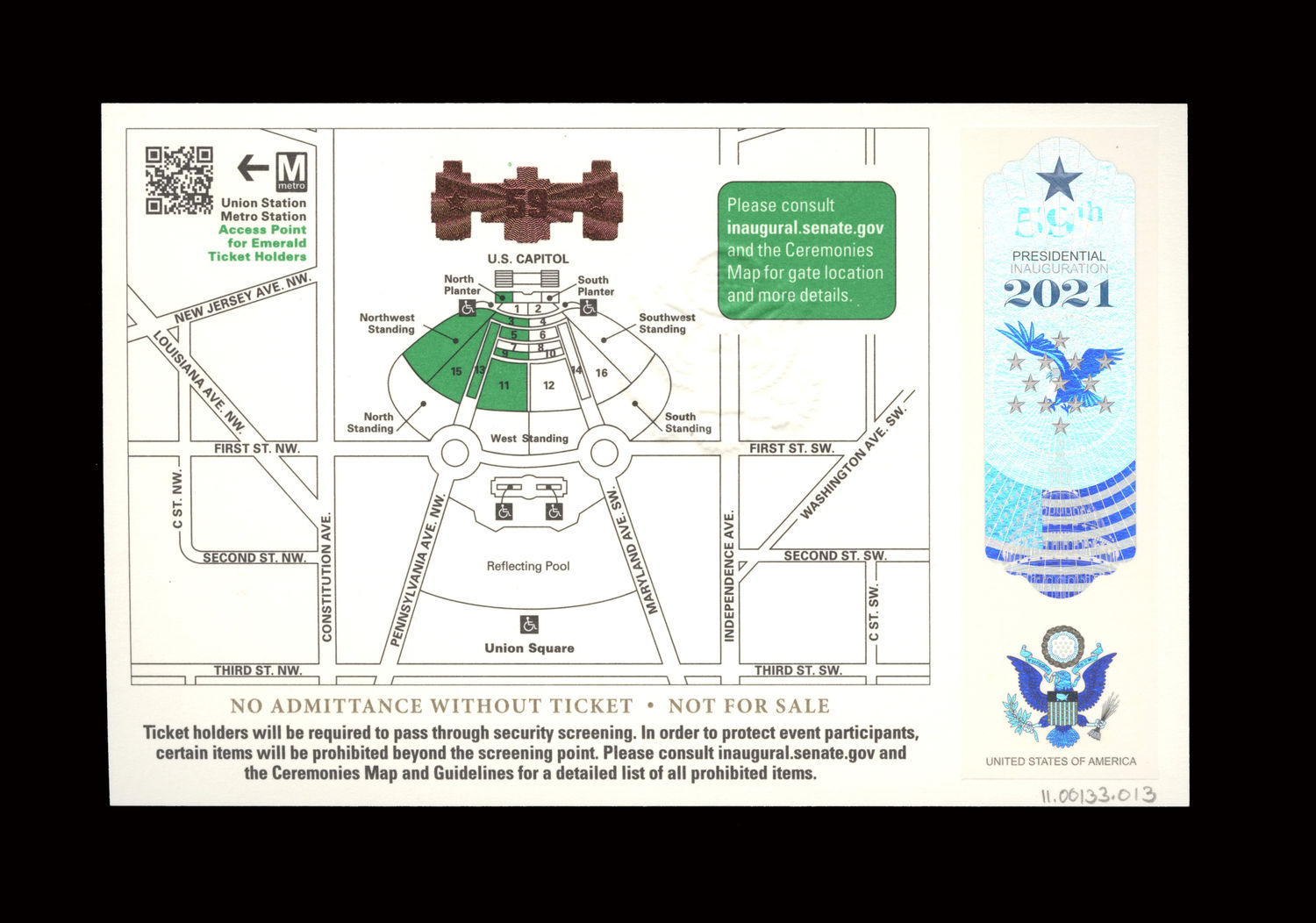 Ticket, 2021 Inaugural Ceremonies (Acc. No. 11.00133.013)
