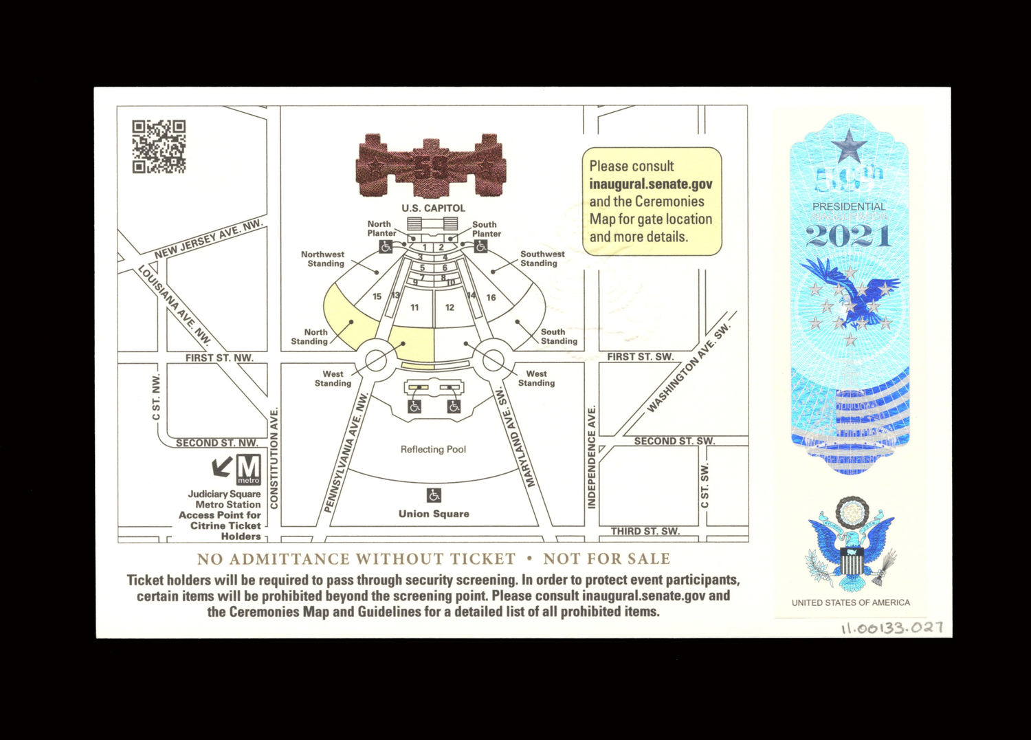 Ticket, 2021 Inauguration Ceremonies (Acc. No. 11.00133.027)