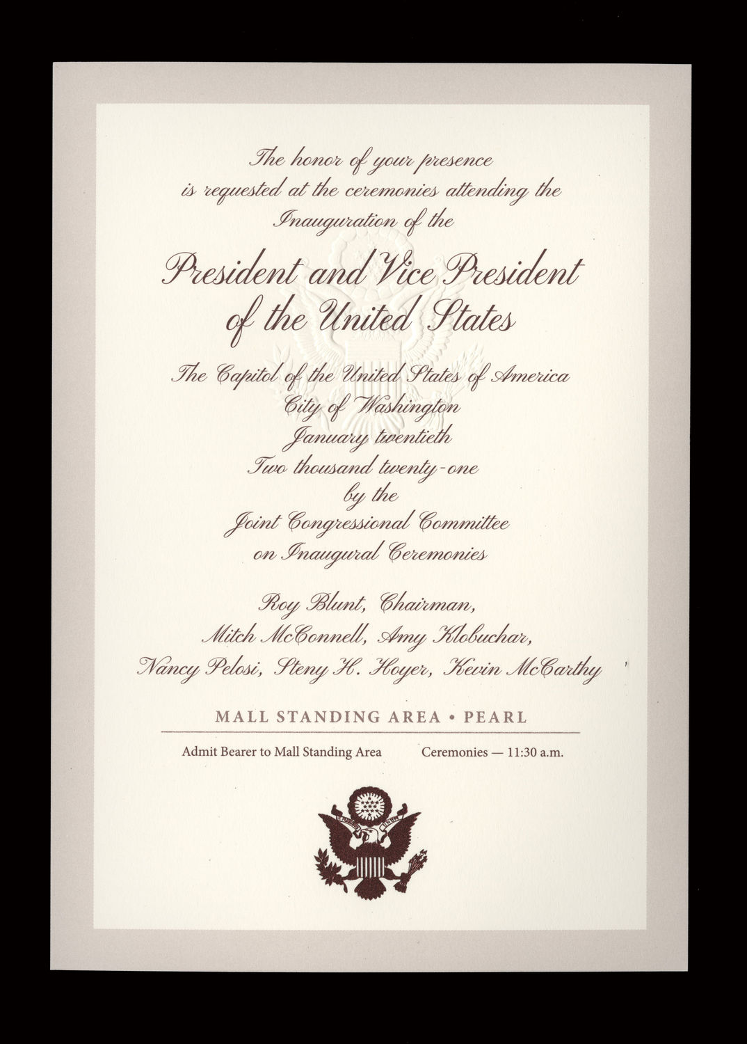 Ticket, 2021 Inaugural Ceremonies (Acc. No. 11.00133.032a)