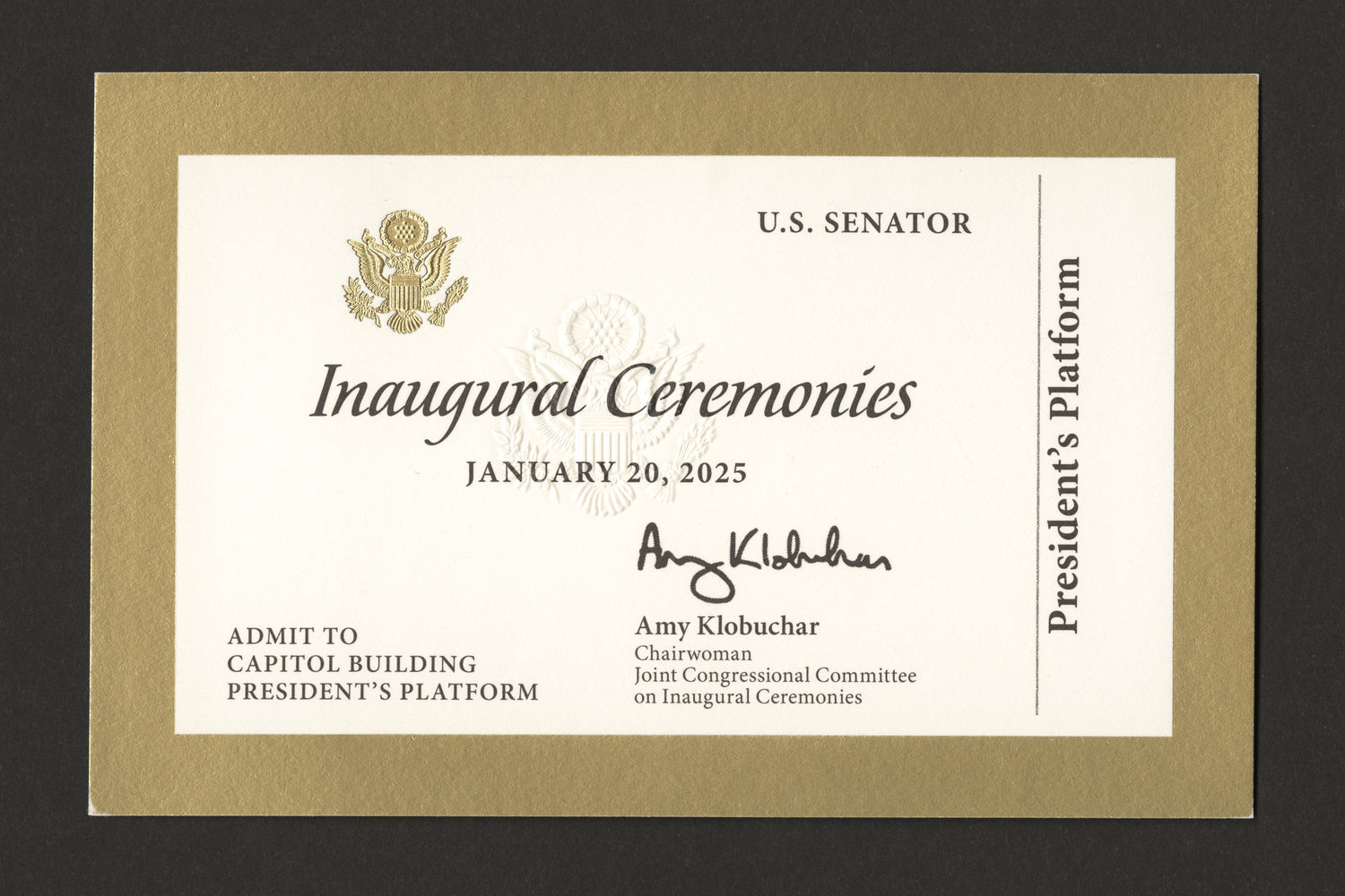 Ticket, President's Platform, U.S. Senator, 2025 Inaugural Ceremonies (Acc. No. 11.00141.015)