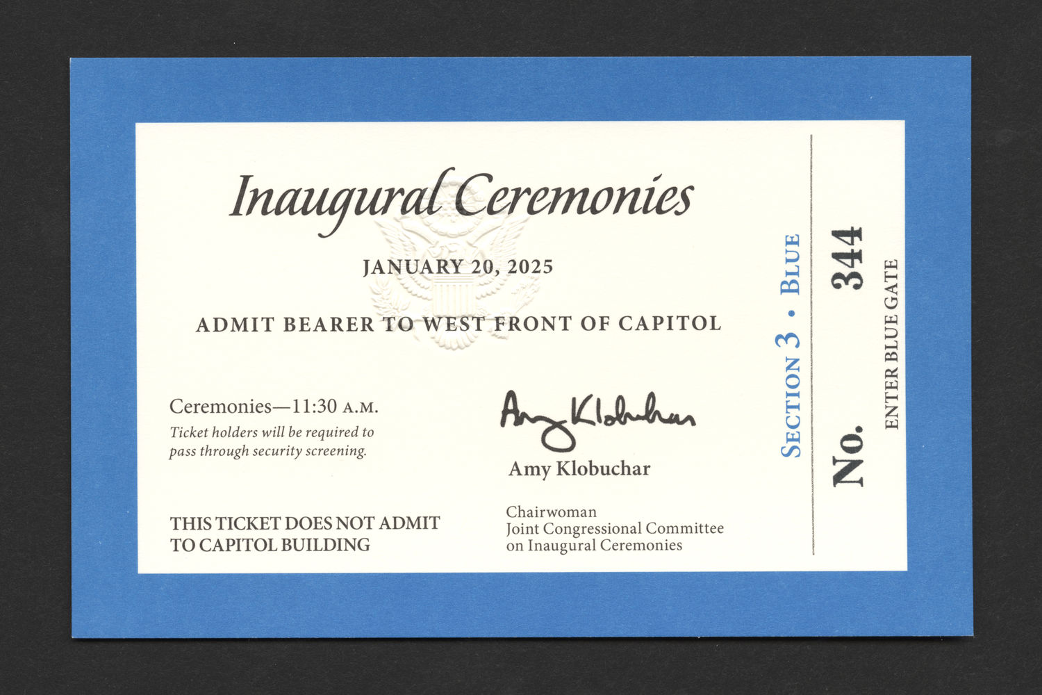 Ticket, Section 3, 2025 Inaugural Ceremonies (Acc. No. 11.00141.029)