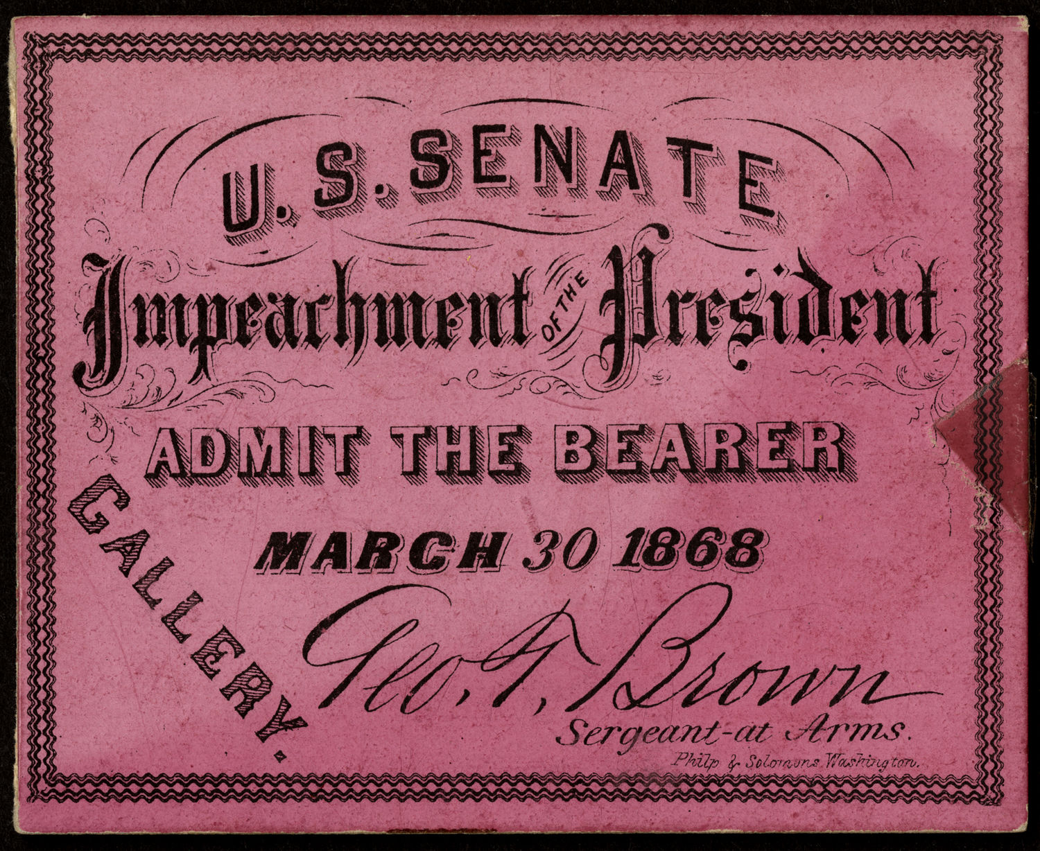 Ticket, 1868 Impeachment Trial, United States Senate Chamber (Acc. No. 16.00063.001)