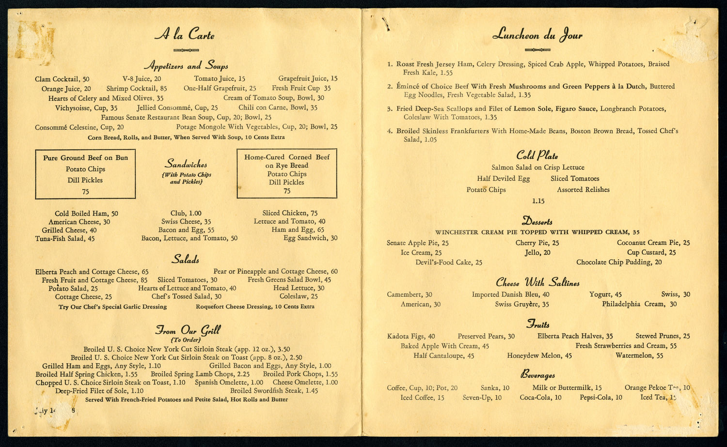 Menu, United States Senate Restaurant (Acc. No. 16.00260.000)