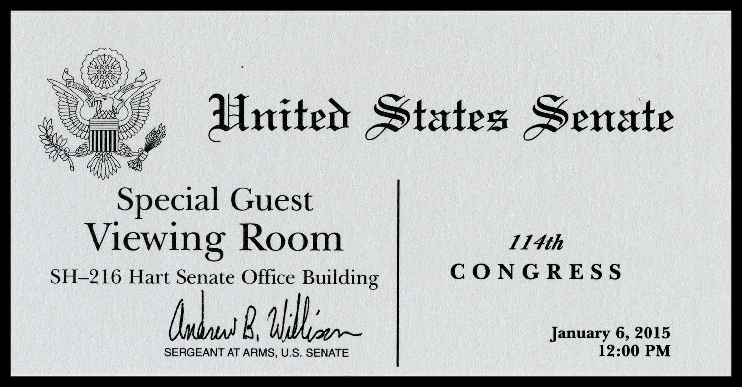 Ticket, Swearing-In Ceremony for New and Returning Senators, Special Guest Viewing Room, United States Senate, 114th Congress (Acc. No. 16.00274.000)