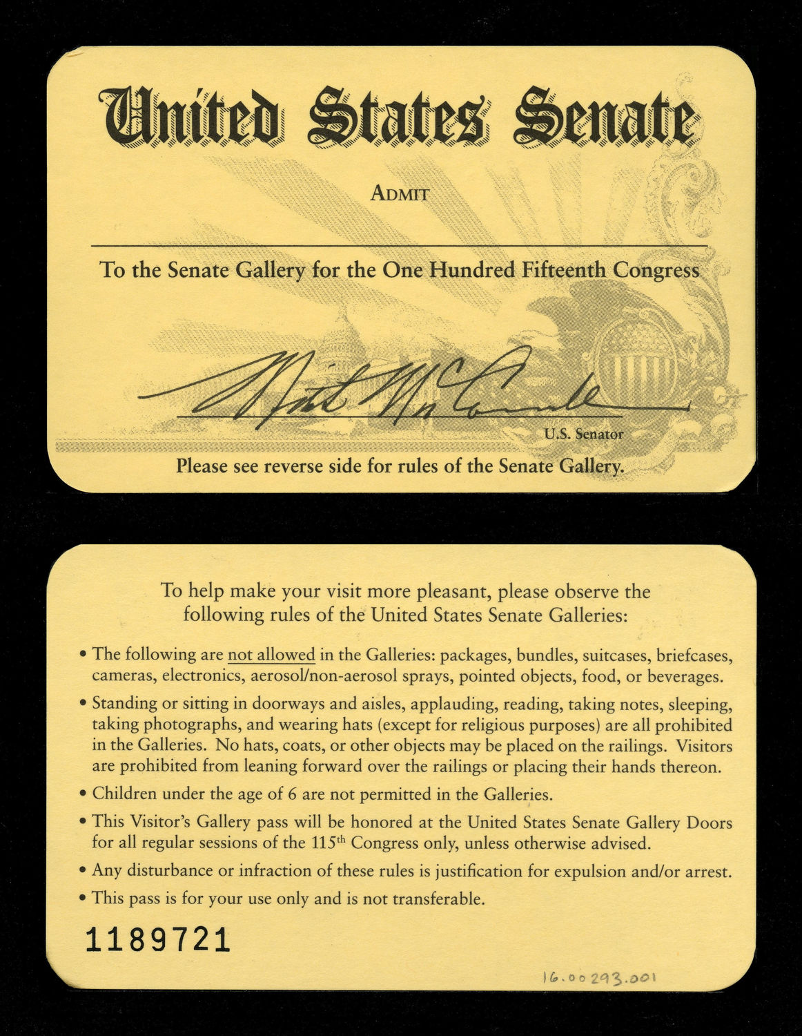 Gallery Pass, Senate Gallery, United States Senate Chamber, 115th Congress (Acc. No. 16.00239.001)