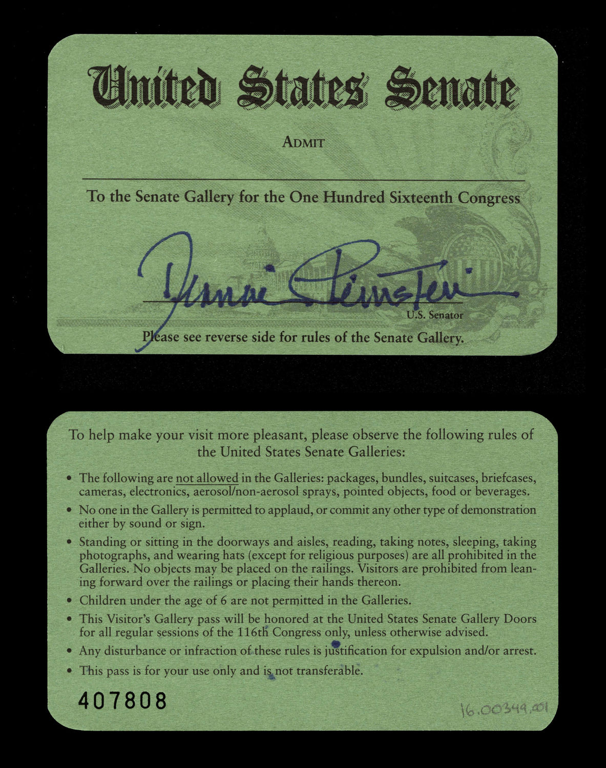 Gallery Pass, Senate Gallery, United States Senate Chamber, 116th Congress (Acc. No. 16.00349.000)