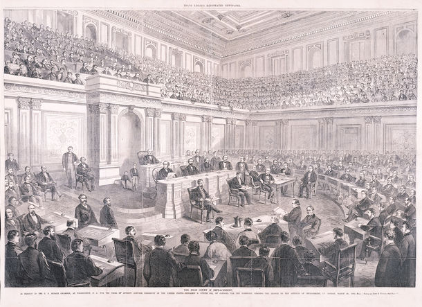 The High Court of Impeachment, in Session in the U.S. Senate Chamber, at Washington, D.C., for the Trial of Andrew Johnson, President of the United States—Benjamin R. Curtis, Esq., of Counsel for the President, Reading the Answer to the Articles of Impeachment, on Monday, March 23d, 1868. (Acc. No. 38.00191.001)
