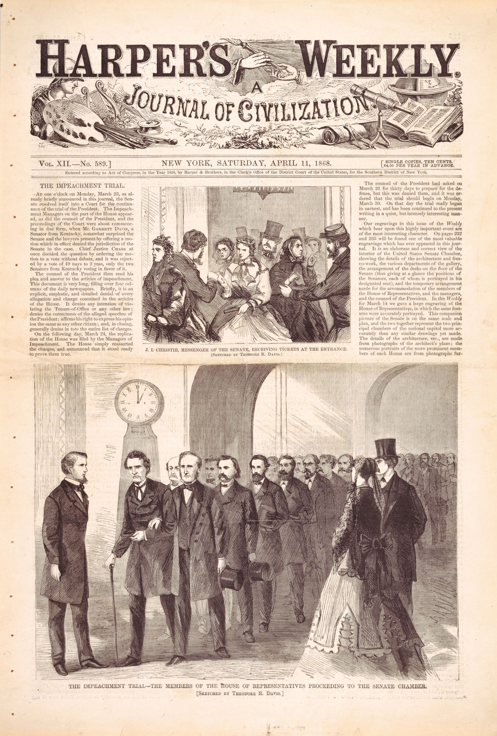 J.I. Christie, Messenger of the Senate, Receiving Tickets at the Entrance. / The Impeachment Trial—The Members of the House of Representatives Proceeding to the Senate Chamber. (Acc. No. 38.00230.002)