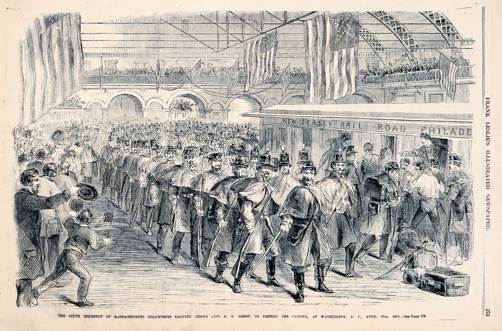 The Sixth Regiment of Massachusetts Volunteers Leaving Jersey City R. R. Depot, to Defend the Capitol, at Washington, D C. [sic],  April 18th, 1861. (Acc. No. 38.00258.001)