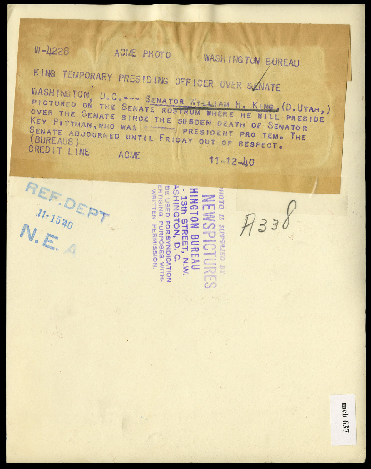 [William H.] King Temporary Presiding Officer Over Senate (Acc. No. 38.01189.001)