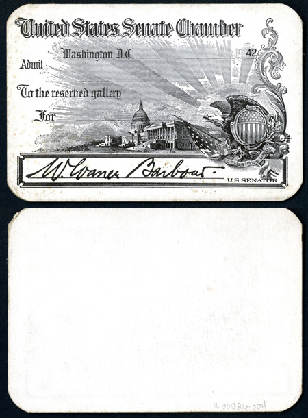Gallery Pass, Reserved Gallery, United States Senate Chamber, 77th Congress (Acc. No. 11.00026.004)